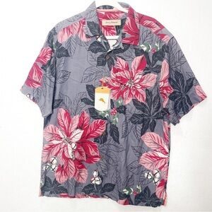 TOMMY BAHAMA Men's Holiday 100% Silk Camp Shirt Poinsettia Holly Berry Bells
